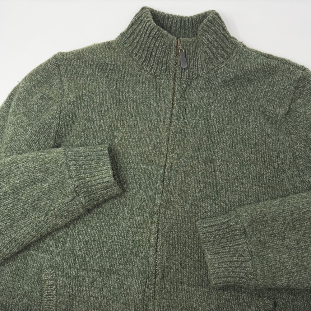 LL Bean Mens Lambswool Flannel Lined Full Zip Sweater Green Size Medium